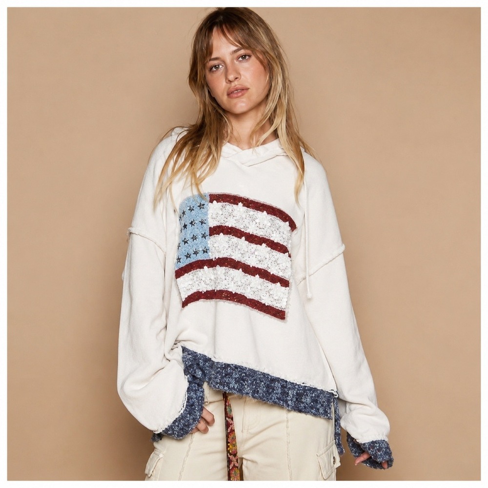 POL Womens L American Flag Lace Star Studded Knit Hoodie Sweater Oversized